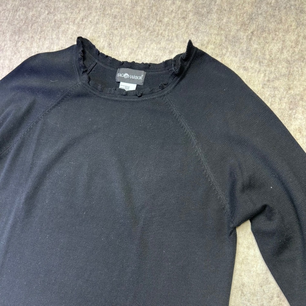 Sag Harbor Black Crew Neck 3/4 Sleeve Knit Top Ruffled Neck‎ Women Large